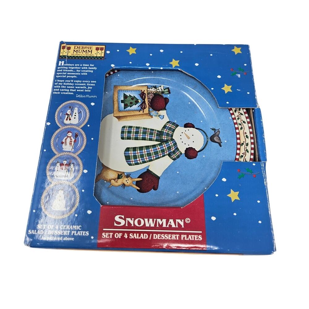 Vintage 90s Debbie Mumm 4 Snowman Salad Plates Christmas Holiday Whimsical